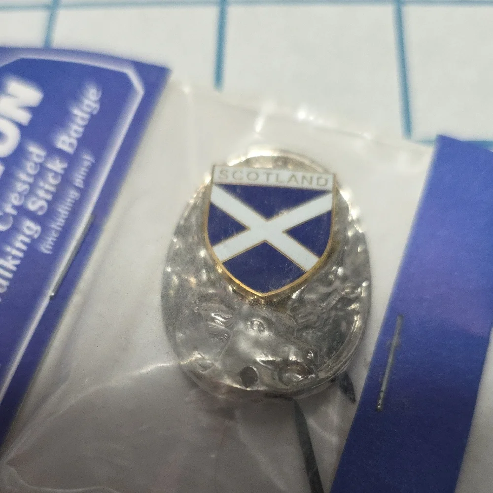 Tradition Silver and Blue Scotland Crested Walking Stick Badge NIP w/pinsVintage